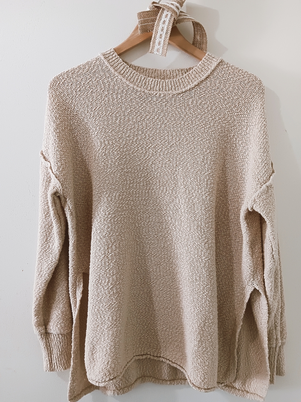 Aerie Cozy Cream Knit Side Split Hem Sweater